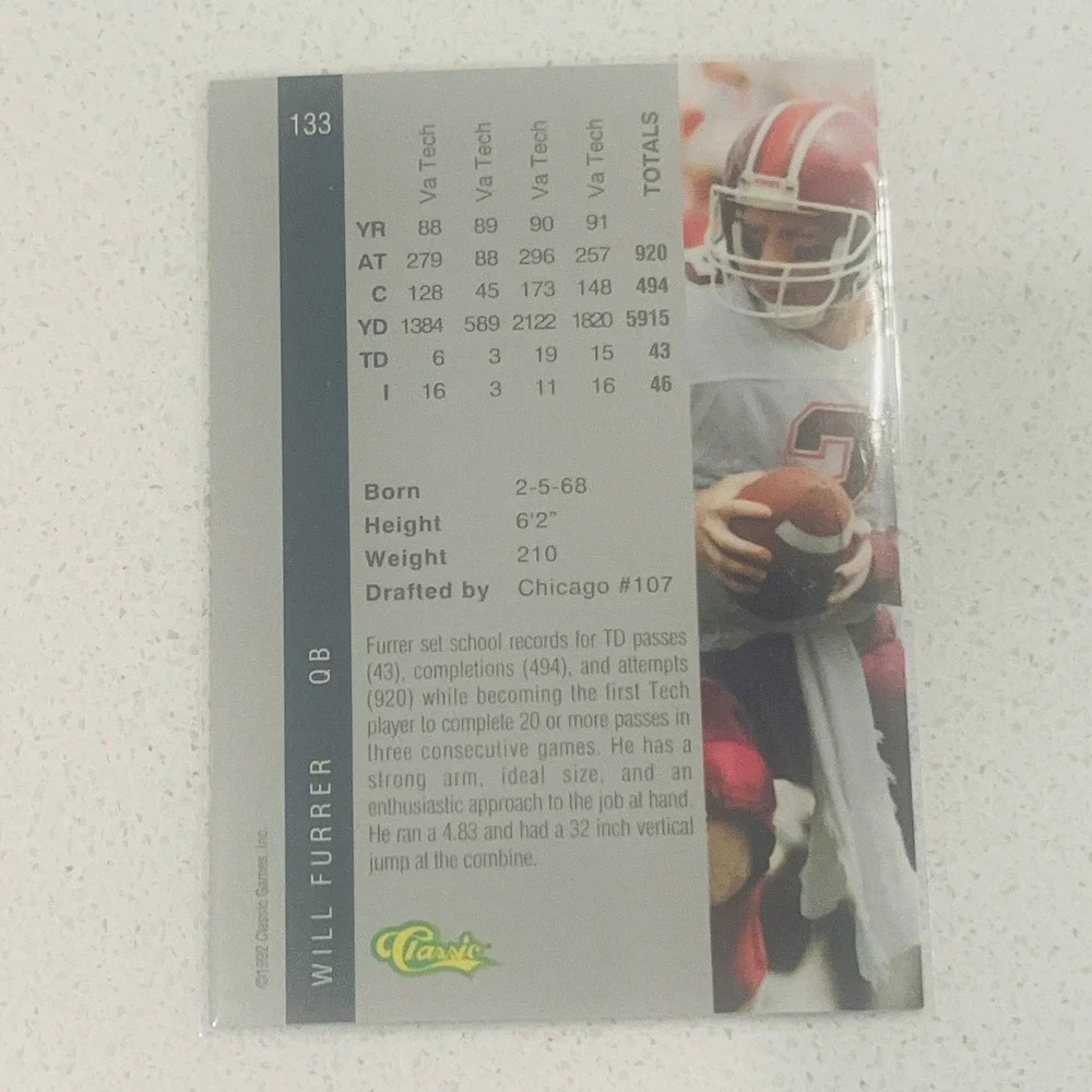 1992 Classic Four Sport Will Furrer QB Virginia Tech Draft Pick Card 133
